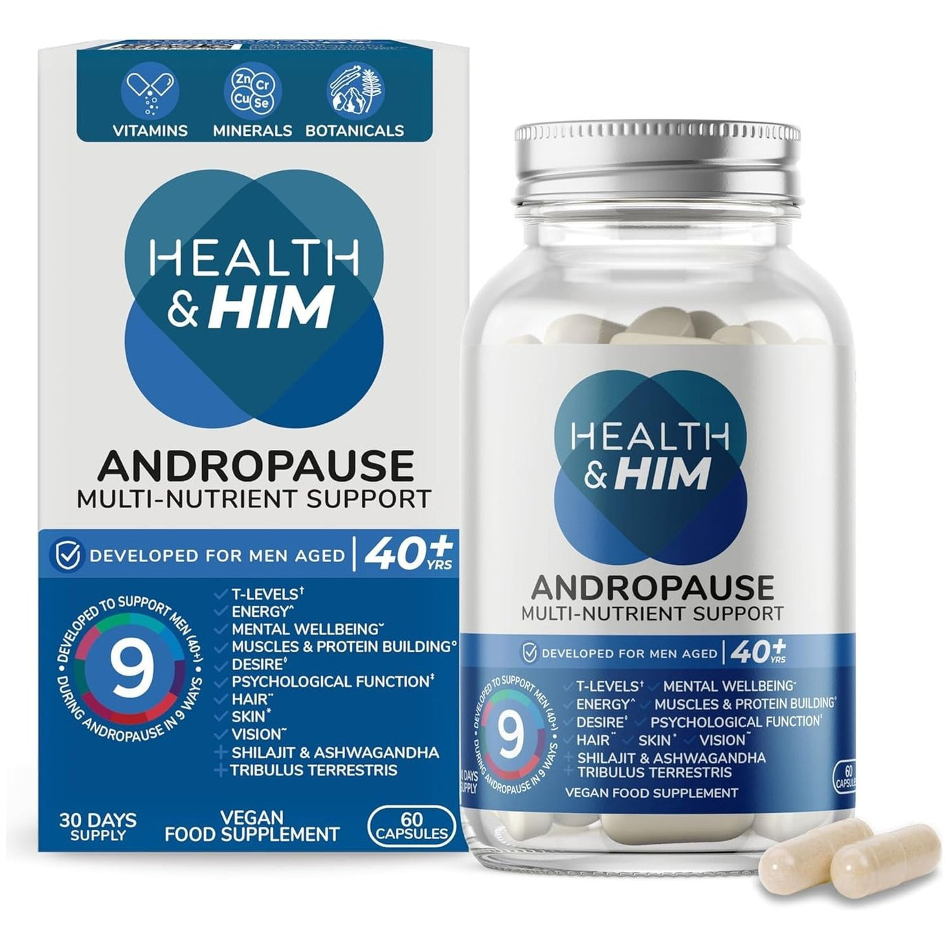 Health & Him Andropause 40+ Supplements for Men - with Zinc, Shilajit & Ashwagandha - Vegan, Gluten-Free. Mens Multivitamin - 60 Capsules